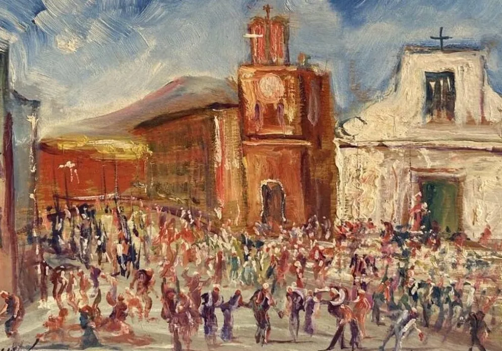 Huile « fête sicilienne « mise sous verre, cadre bois 19e