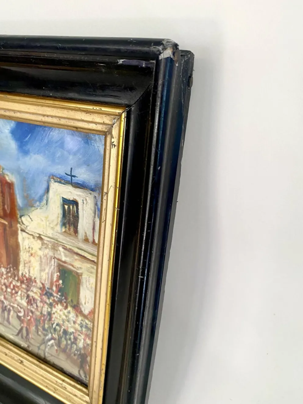 Huile « fête sicilienne « mise sous verre, cadre bois 19e