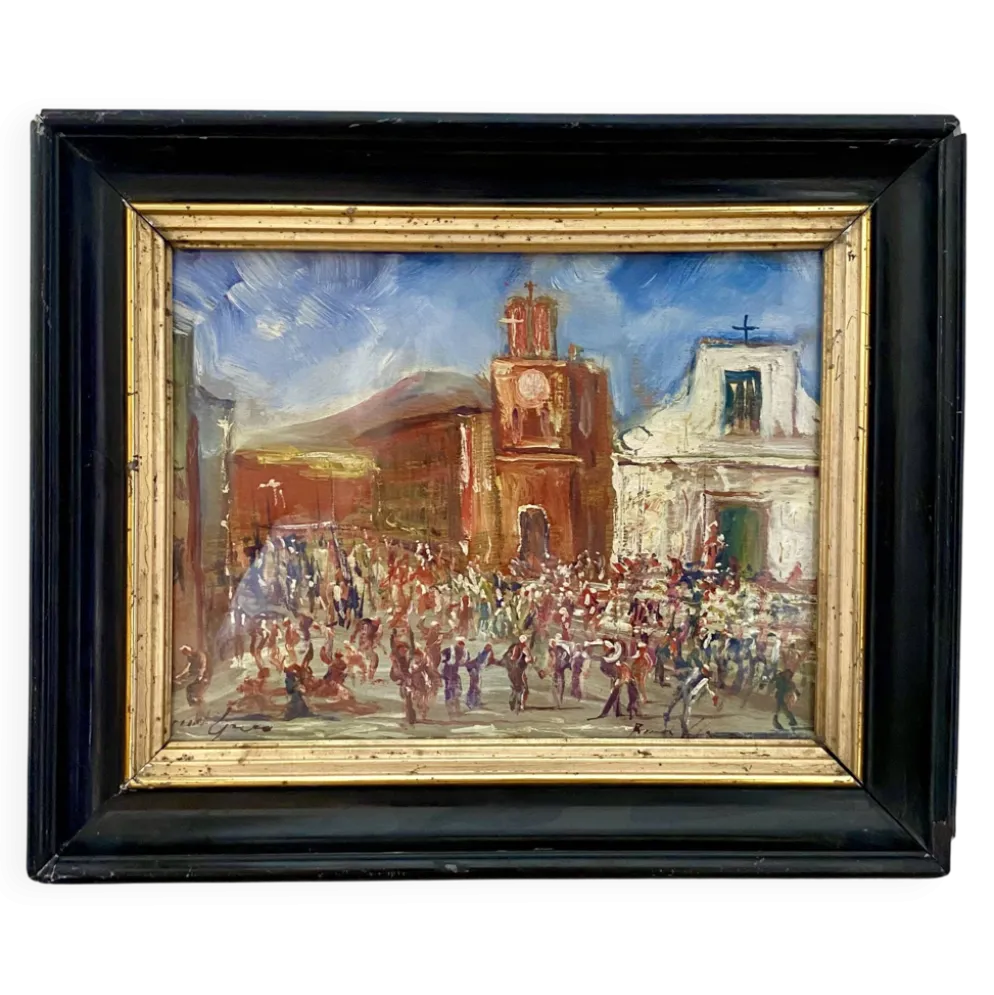 Huile « fête sicilienne « mise sous verre, cadre bois 19e