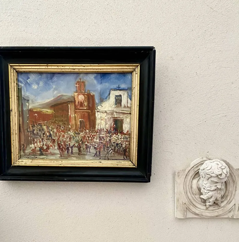 Huile « fête sicilienne « mise sous verre, cadre bois 19e