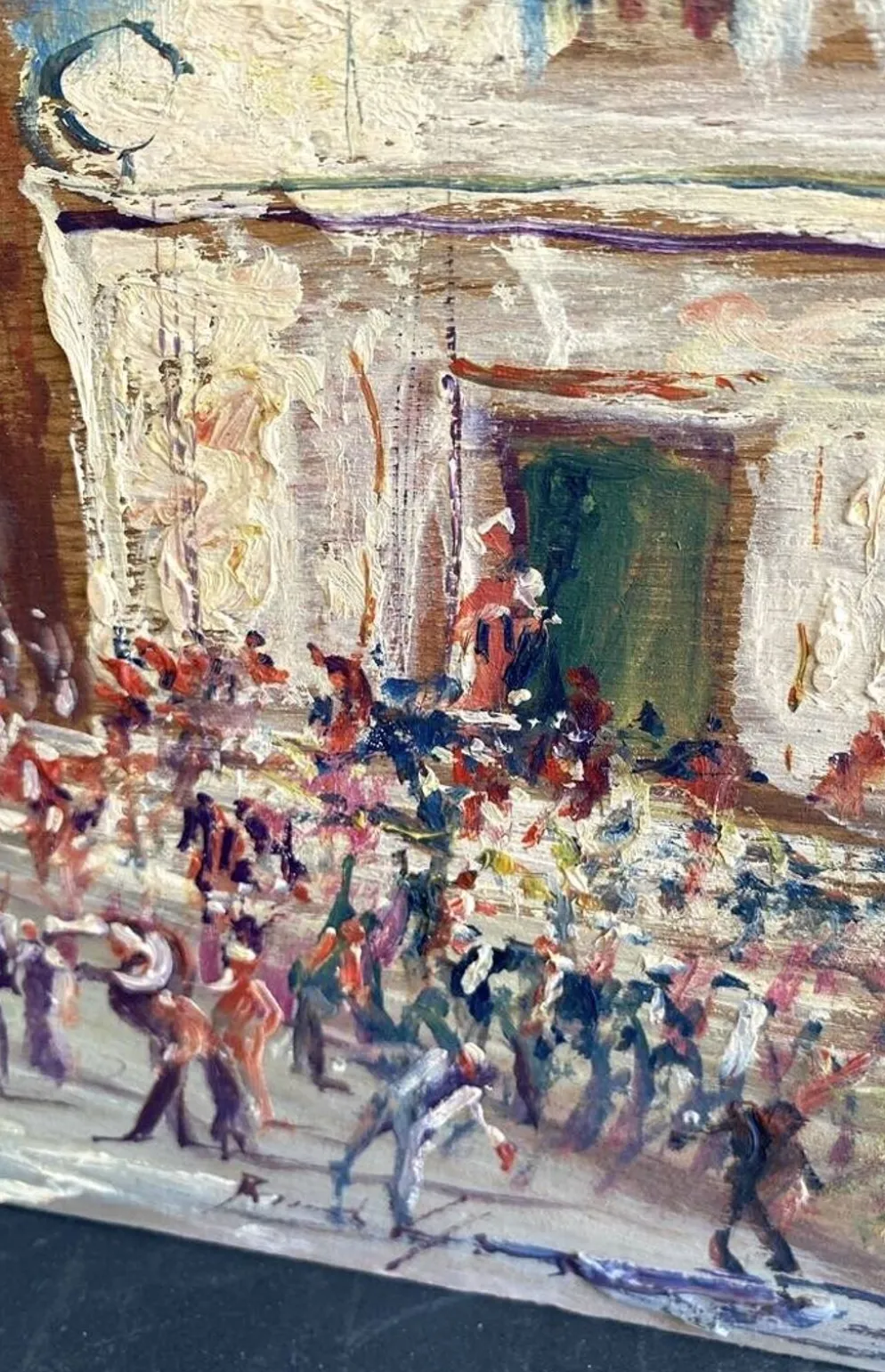 Huile « fête sicilienne « mise sous verre, cadre bois 19e