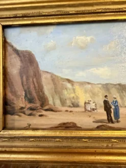 Huile sur bois – Scène de plage aux falaises – signée SP