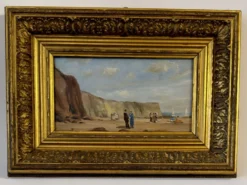 Huile sur bois – Scène de plage aux falaises – signée SP