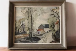 Huile sur isorel, 1939, village, signée Alex Gonesco