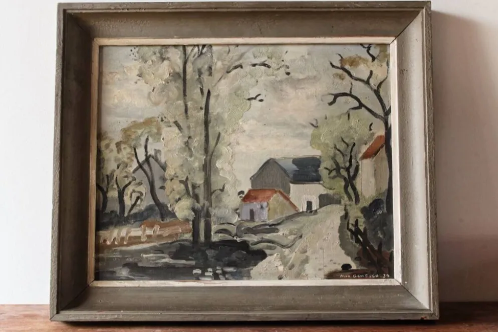 Huile sur isorel, 1939, village, signée Alex Gonesco
