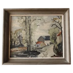 Huile sur isorel, 1939, village, signée Alex Gonesco