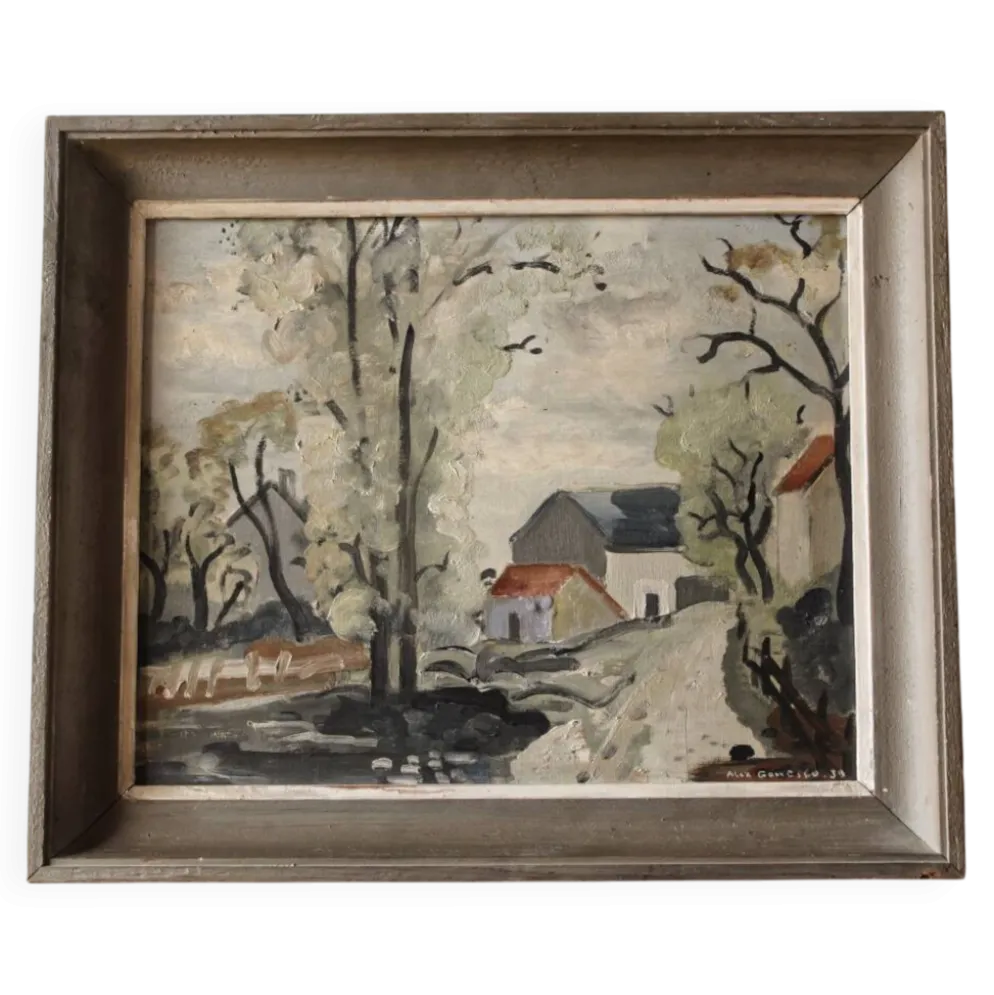 Huile sur isorel, 1939, village, signée Alex Gonesco