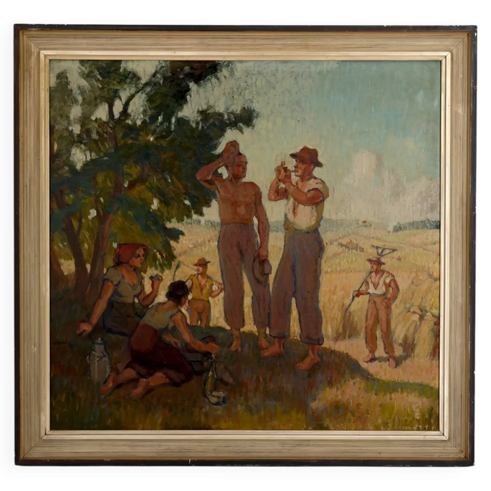 Huile sur panneau isorel – Les moissonneurs en pause c. 1930–1940