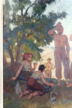 Huile sur panneau isorel – Les moissonneurs en pause c. 1930–1940