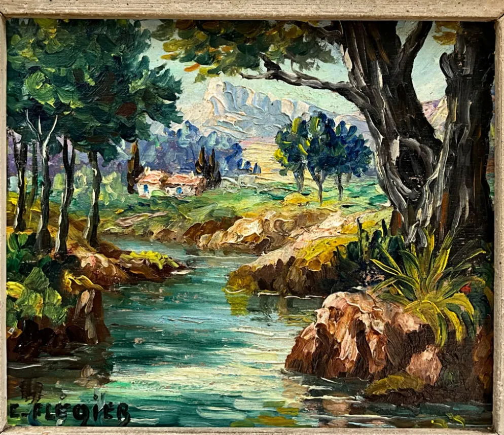 Huile sur panneau signée Edmond Flégier – paysage provençal vers 1950