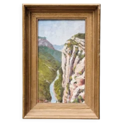 Huile sur panneau signée, paysage de montagne