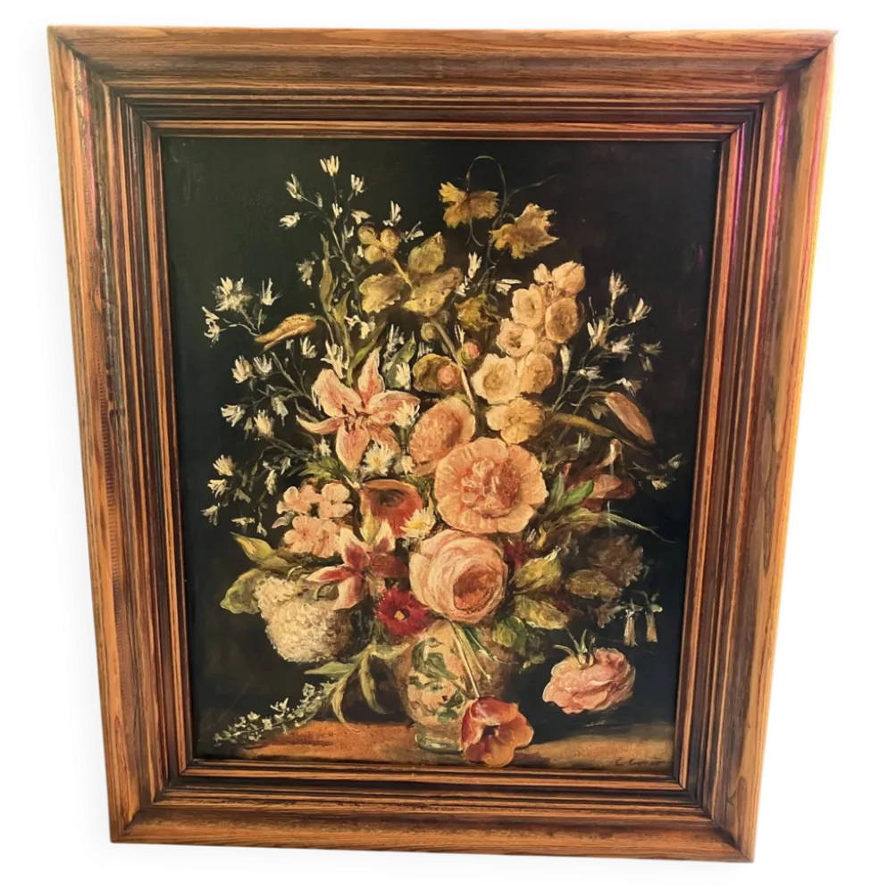 Huile sur toile ancienne signée "Bouquet de fleurs"