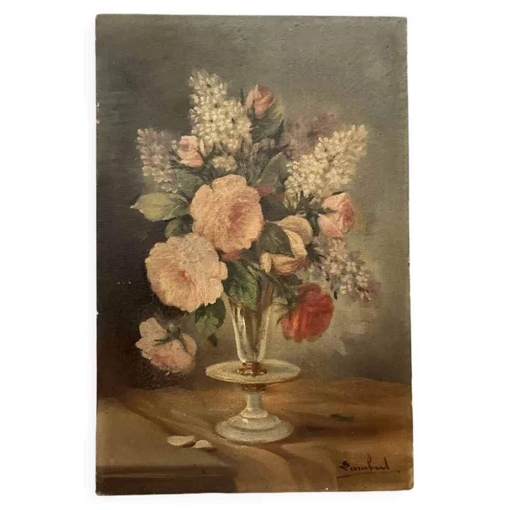 Huile sur toile ancienne signée Lambert – Bouquet de fleurs vers 1930