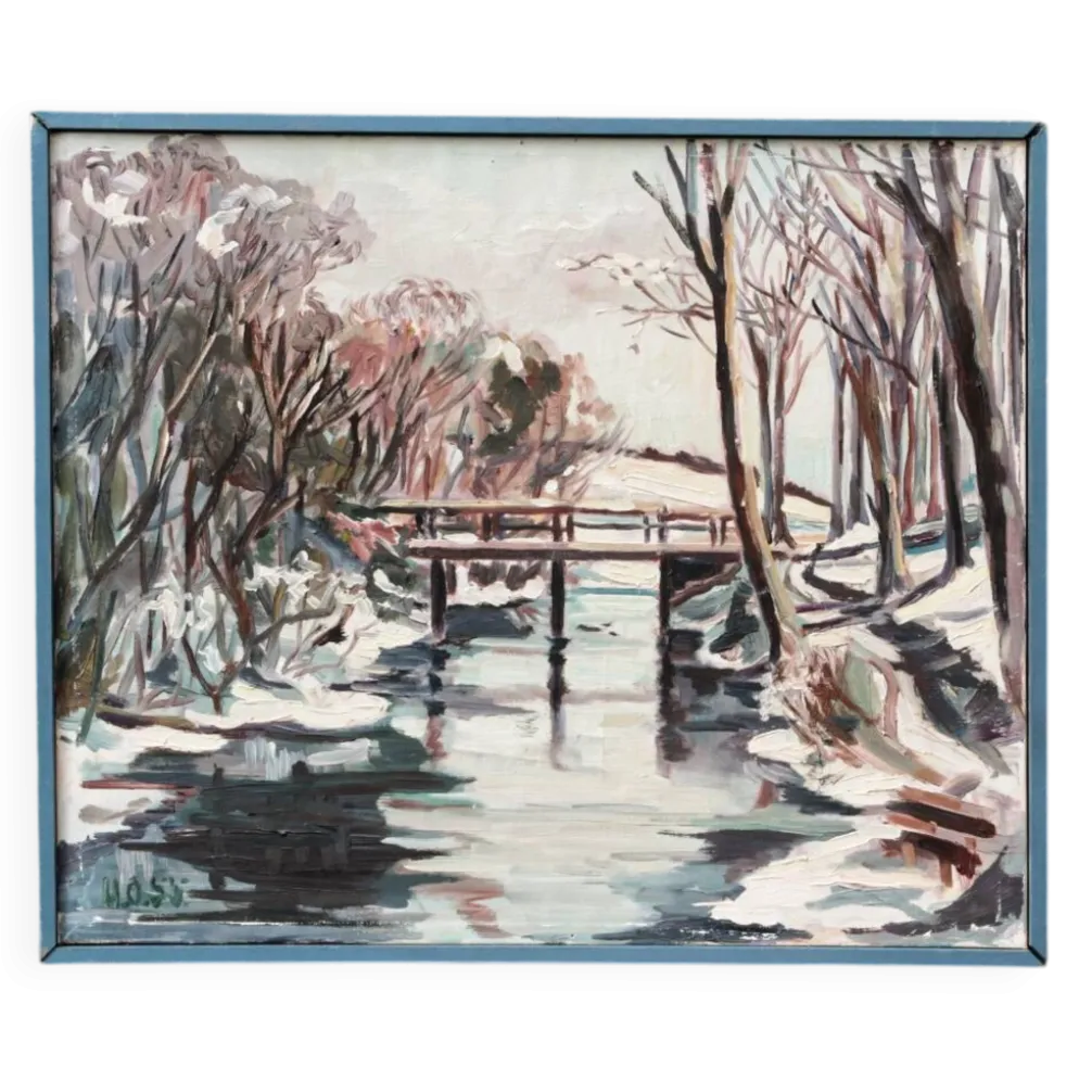 Huile sur toile années 50, paysage enneigé