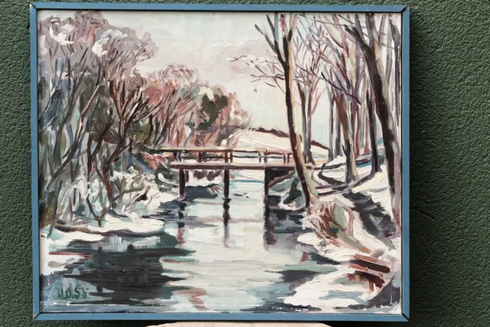 Huile sur toile années 50, paysage enneigé