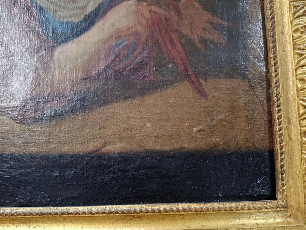 Huile sur toile du début du XVIIIᵉ siècle – Jeune femme au perroquet