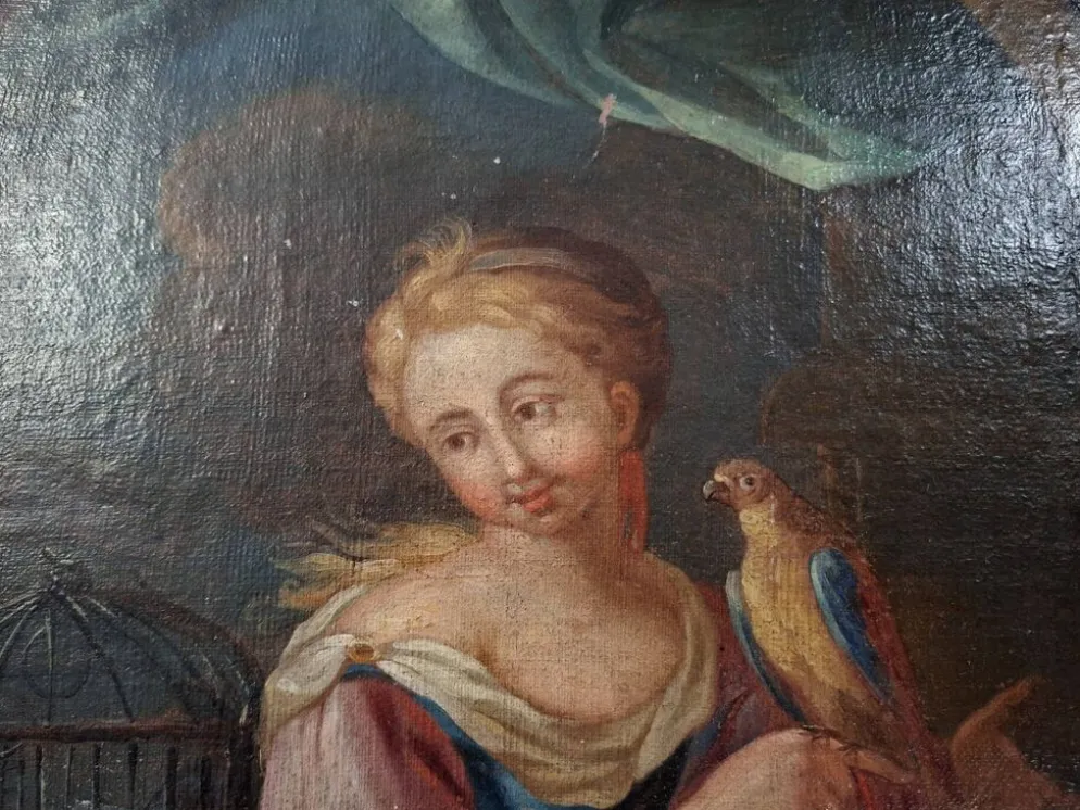 Huile sur toile du début du XVIIIᵉ siècle – Jeune femme au perroquet