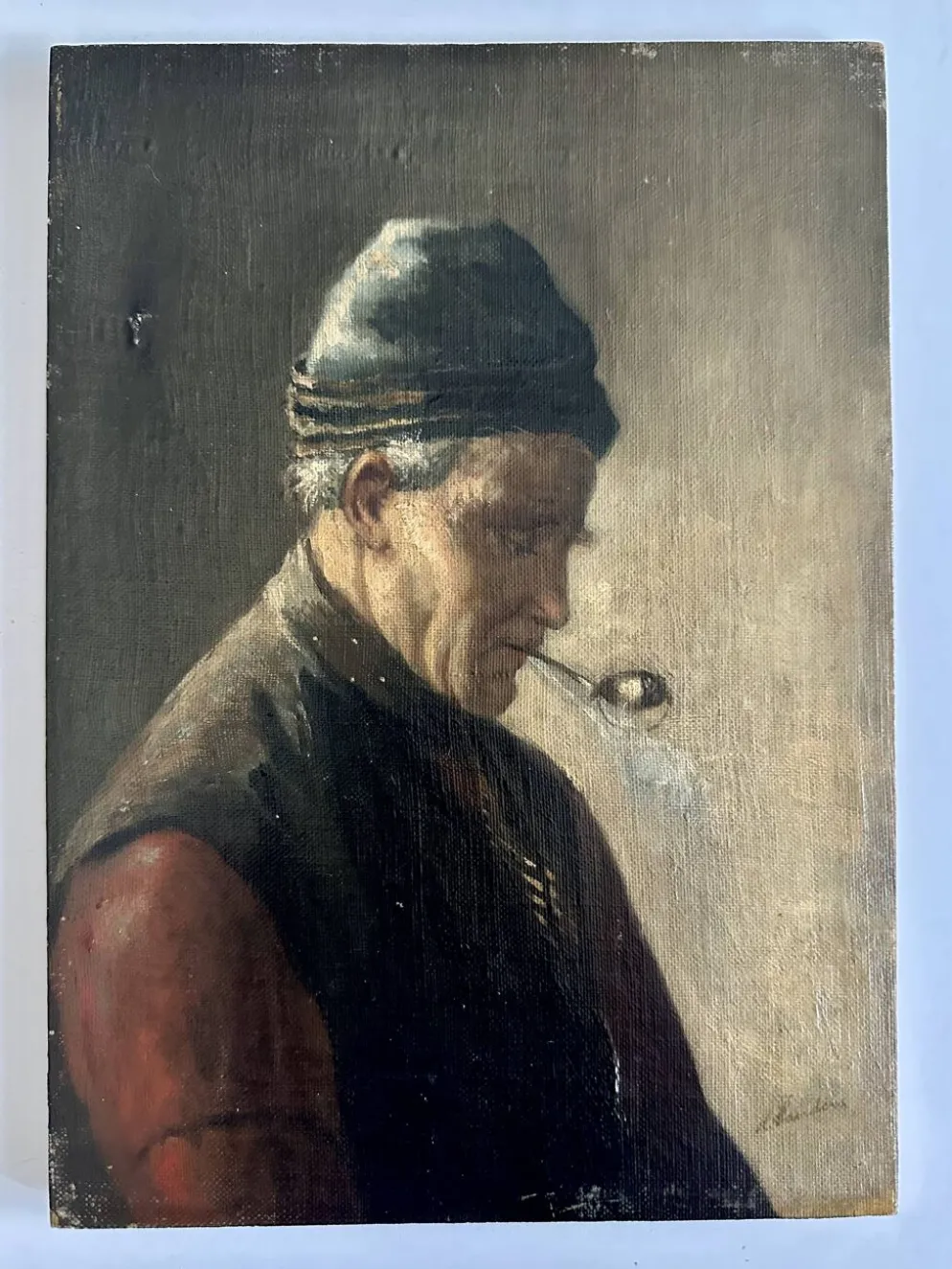 Huile sur toile marouflée sur panneau de chêne - Portrait de fumeur de pipe