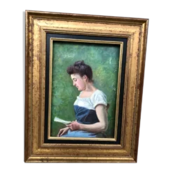 Huile sur toile 19éme la liseuse au jardin