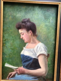 Huile sur toile 19éme la liseuse au jardin