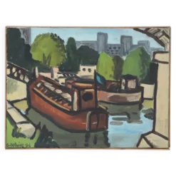 Huile sur toile Péniches sur la Seine, G. Delaire, XXe siècle