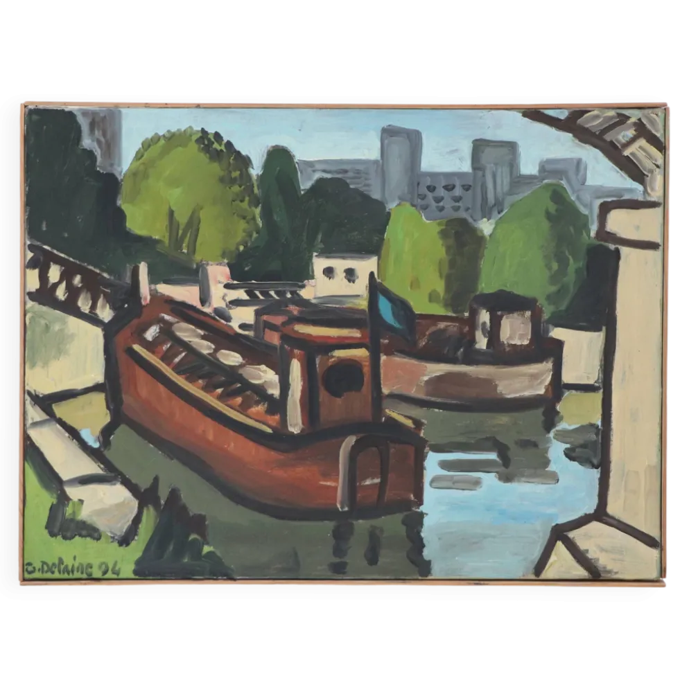Huile sur toile Péniches sur la Seine, G. Delaire, XXe siècle