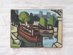 Huile sur toile Péniches sur la Seine, G. Delaire, XXe siècle