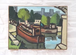 Huile sur toile Péniches sur la Seine, G. Delaire, XXe siècle
