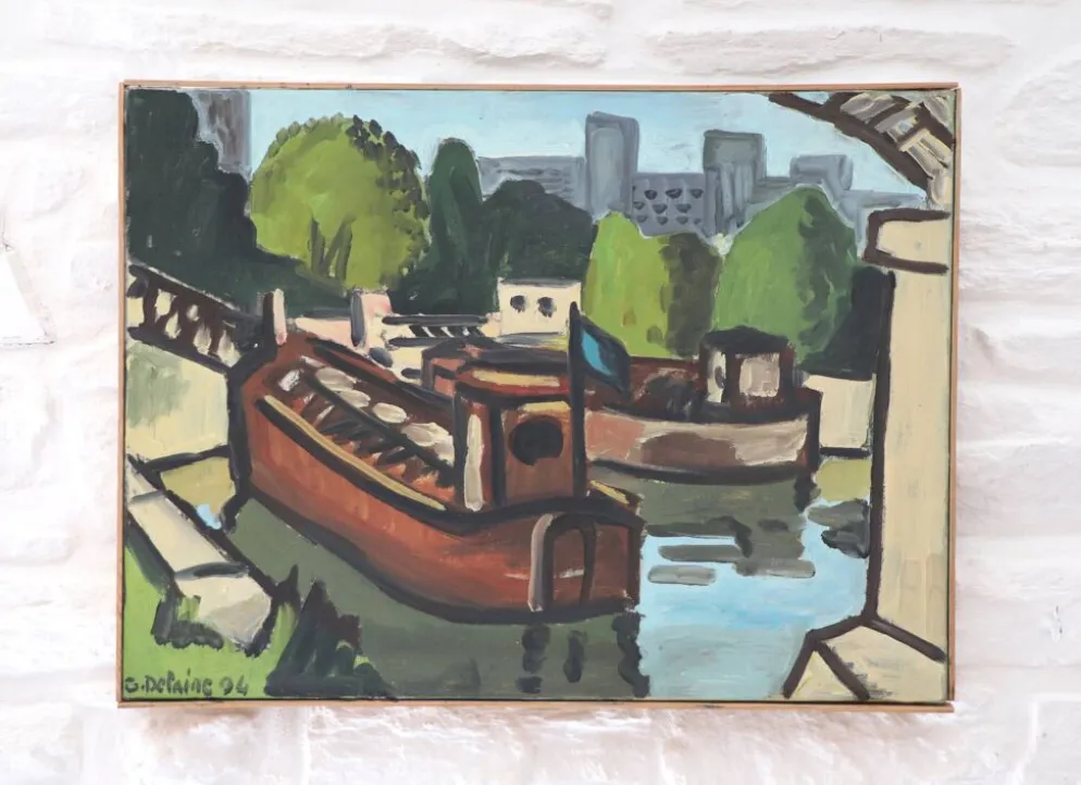 Huile sur toile Péniches sur la Seine, G. Delaire, XXe siècle