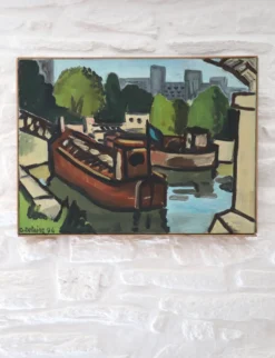 Huile sur toile Péniches sur la Seine, G. Delaire, XXe siècle