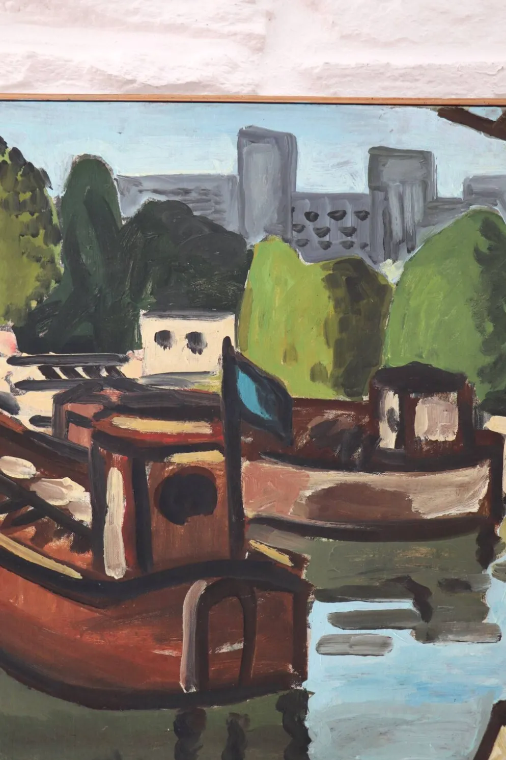 Huile sur toile Péniches sur la Seine, G. Delaire, XXe siècle