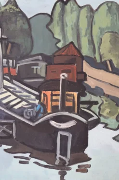 Huile sur toile Péniches sur la Seine, G. Delaire, XXe siècle