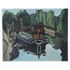 Huile sur toile Péniches sur la Seine, G. Delaire, XXe siècle