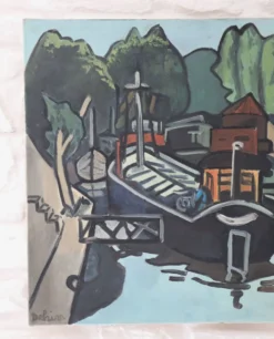 Huile sur toile Péniches sur la Seine, G. Delaire, XXe siècle