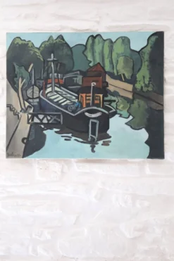 Huile sur toile Péniches sur la Seine, G. Delaire, XXe siècle