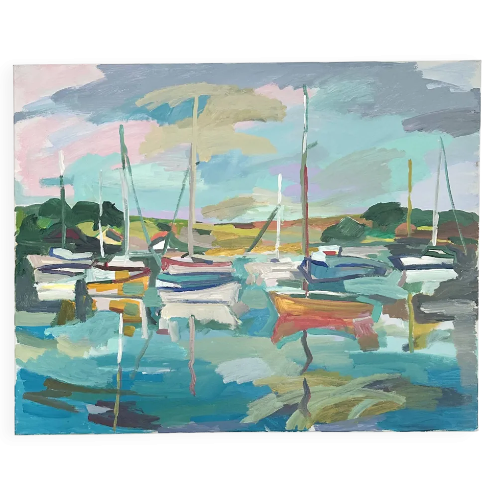 Huile sur toile port aux voiliers