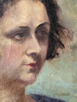 Huile sur toile portrait ancien décoration campagne bohème