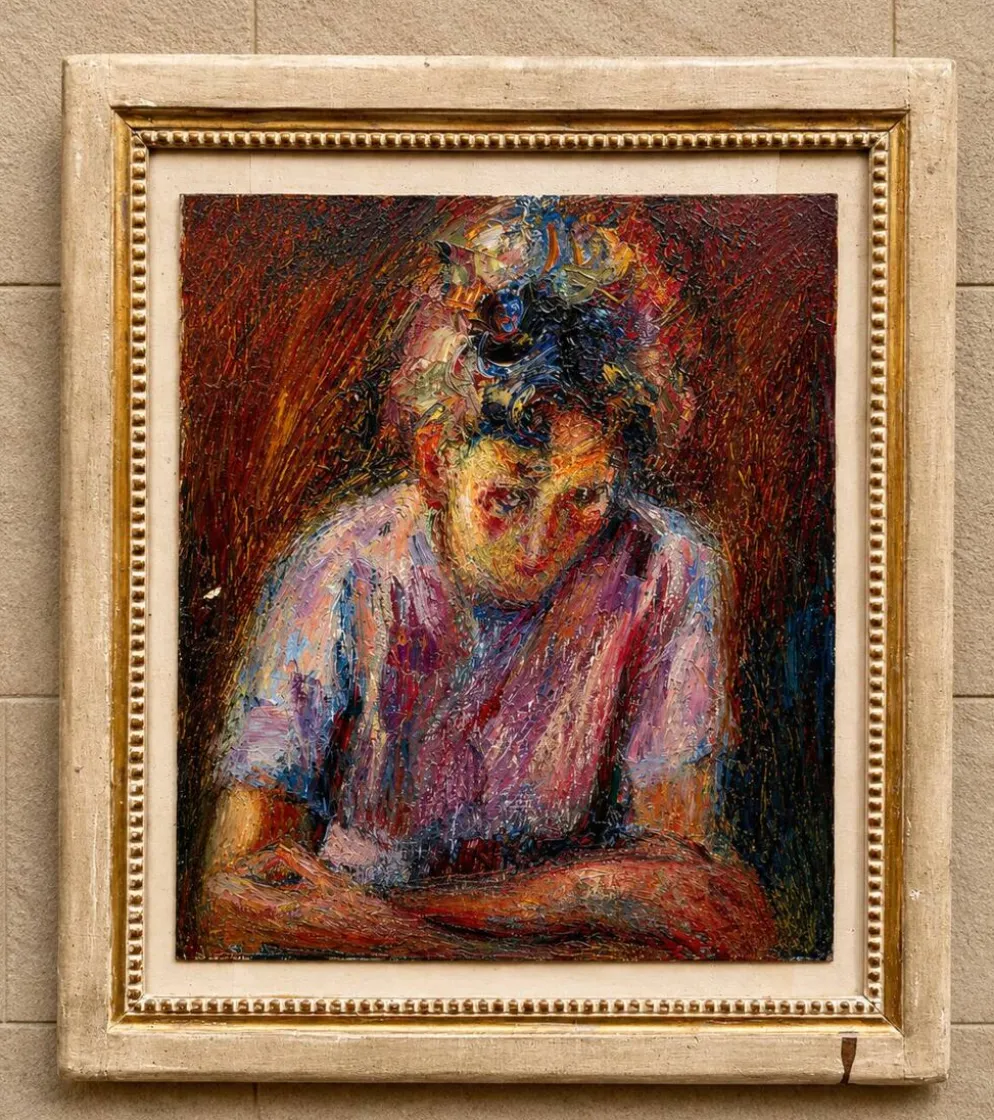 Huile sur toile – Portrait expressionniste d'une jeune femme – XXᵉ siècle