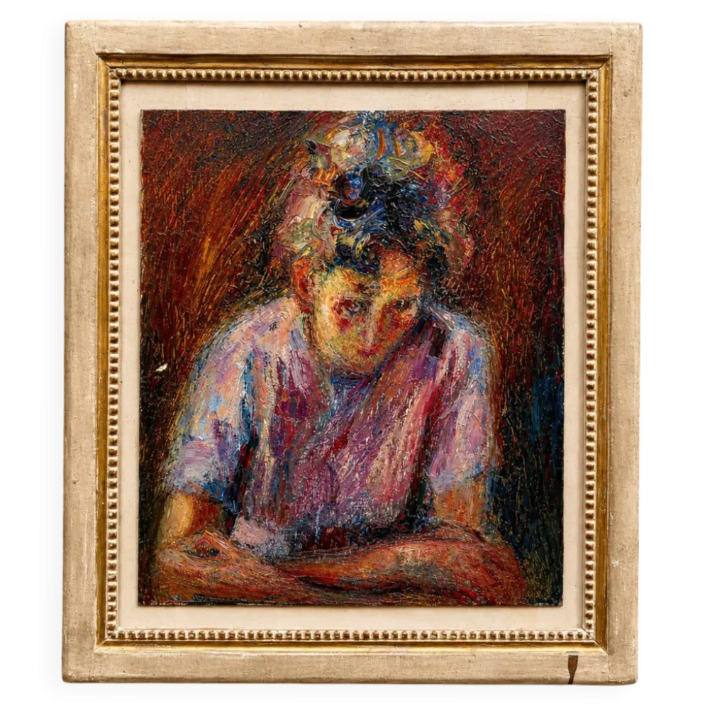 Huile sur toile – Portrait expressionniste d'une jeune femme – XXᵉ siècle