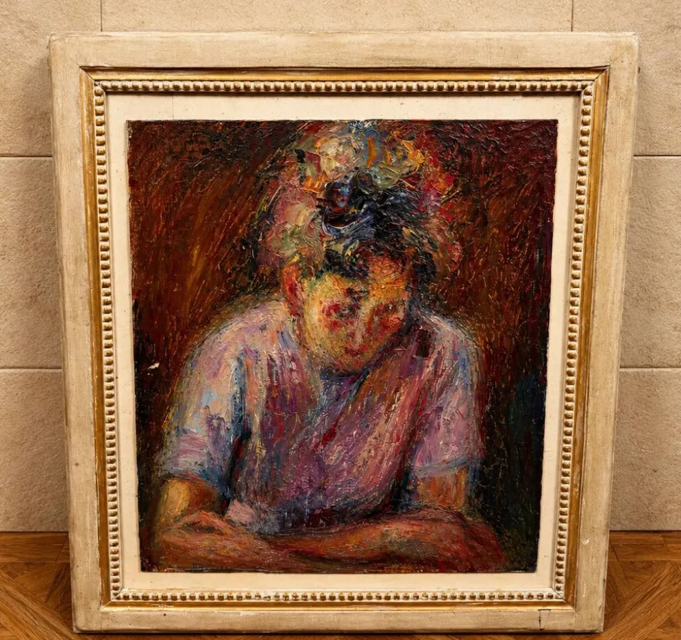 Huile sur toile – Portrait expressionniste d'une jeune femme – XXᵉ siècle