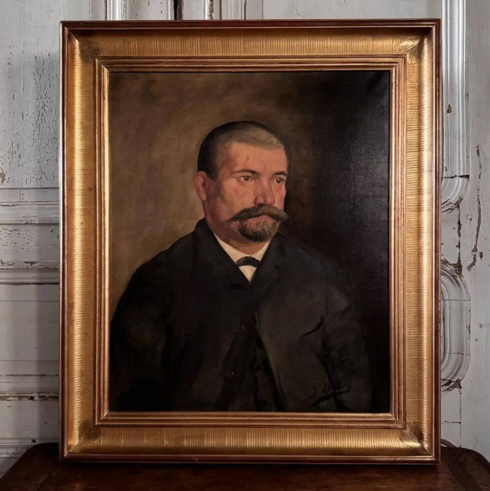 Huile sur toile portrait XIXe 1888 homme portant moustache par J. Abrol