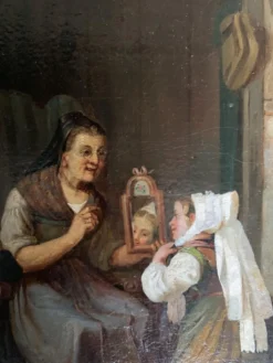 Huile sur toile, scène d’intérieur