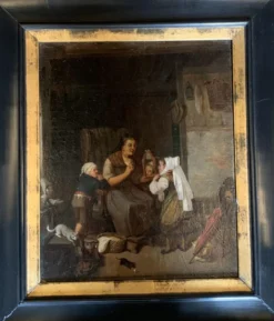 Huile sur toile, scène d’intérieur