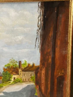 Huile sur toile signée, paysage de village normand, 1992
