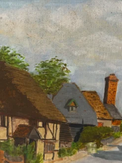 Huile sur toile signée, paysage de village normand, 1992