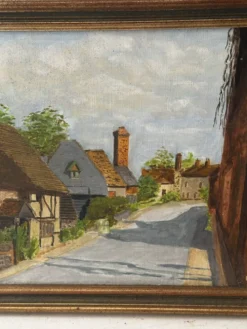 Huile sur toile signée, paysage de village normand, 1992