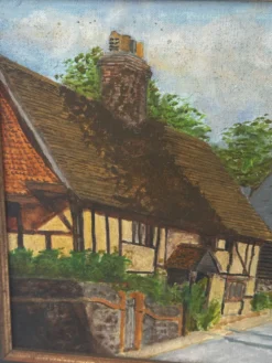 Huile sur toile signée, paysage de village normand, 1992