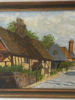 Huile sur toile signée, paysage de village normand, 1992