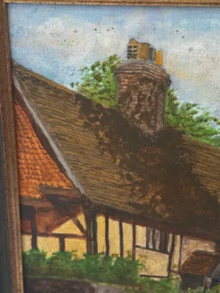 Huile sur toile signée, paysage de village normand, 1992