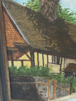 Huile sur toile signée, paysage de village normand, 1992